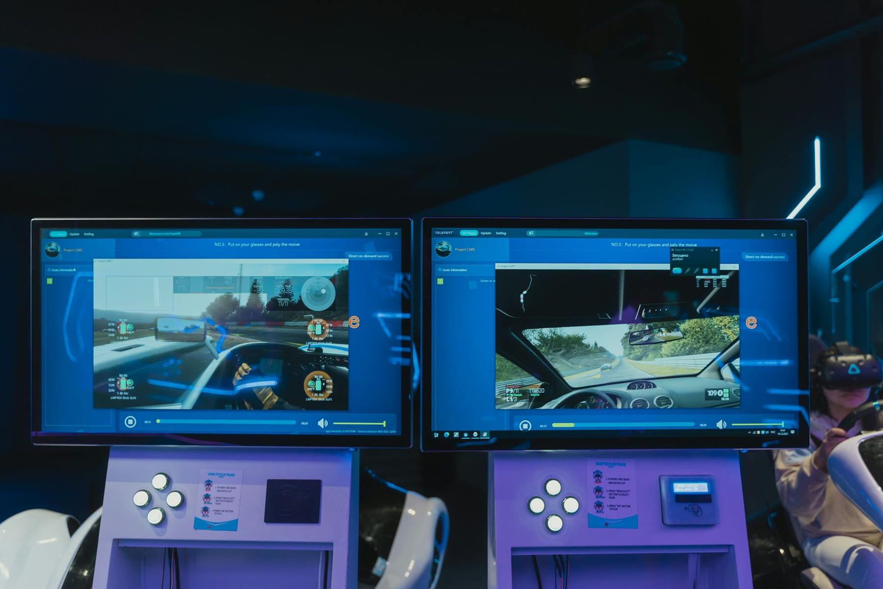 Immersive virtual reality gaming experience with dual screens and VR headsets, featuring driving simulations. on Quest on Chain